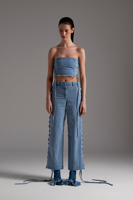 Distressed Denim Lace-up Trousers