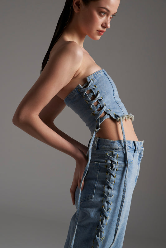 Distressed Denim Lace-Up Top